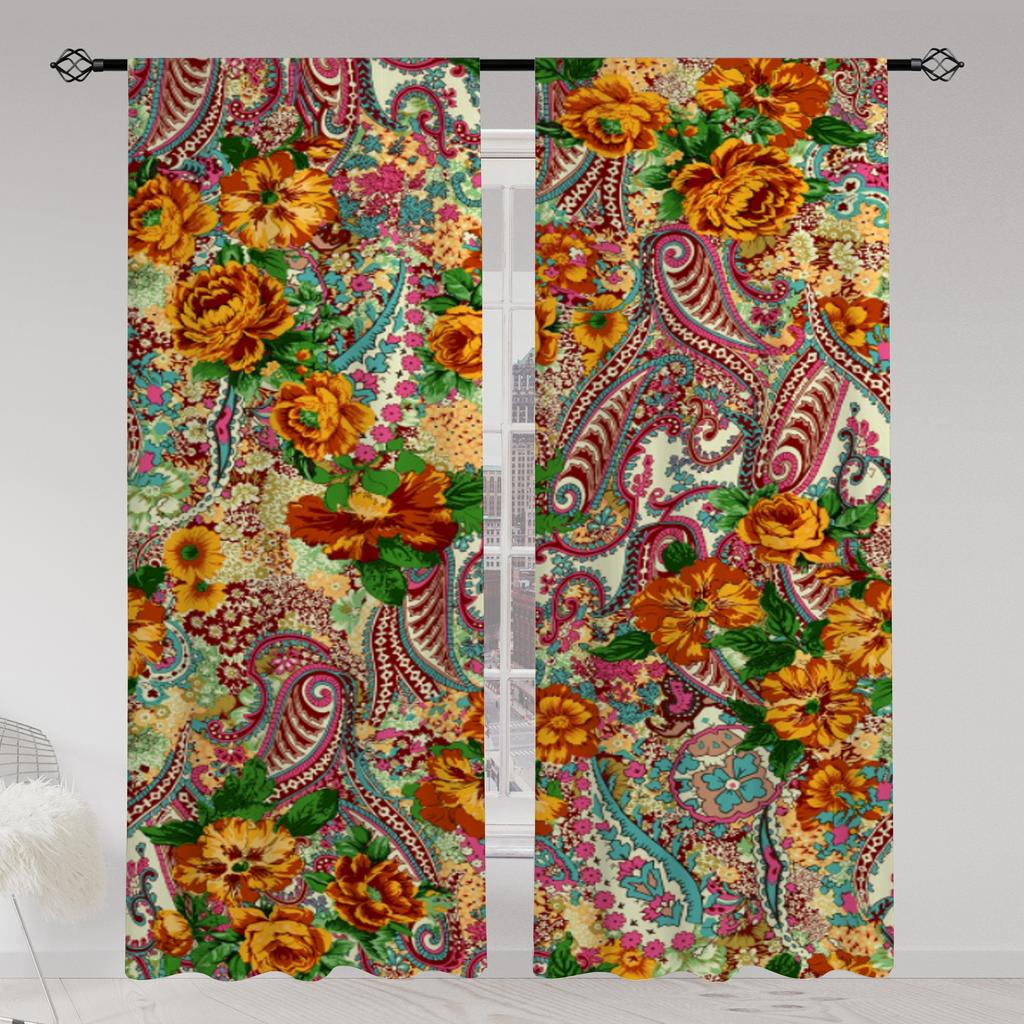 2 Stück, Böhmische Blumen Vögel Landschaft, Stangendurchzug, Digital bedruckte Vorhänge, Polyestermaterial, Geeignet für Wohnzimmer Schlafzimmer