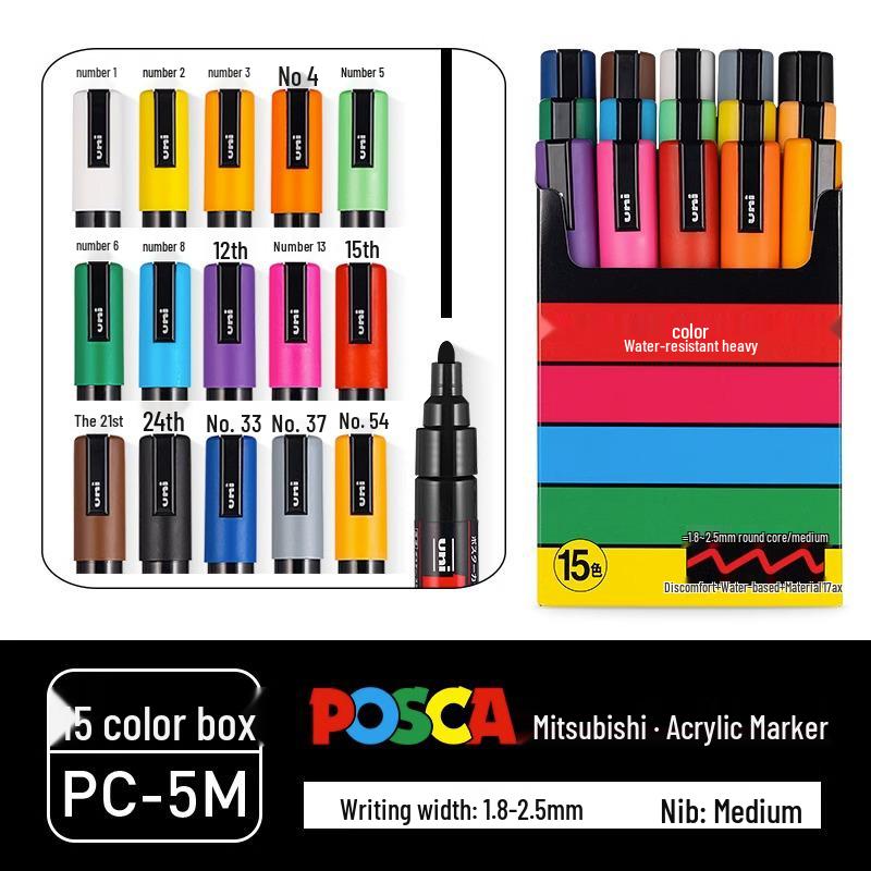 POSCA Treasure Color Acrylic Marker Set (Water-Based, PC-1M/3M/5M)