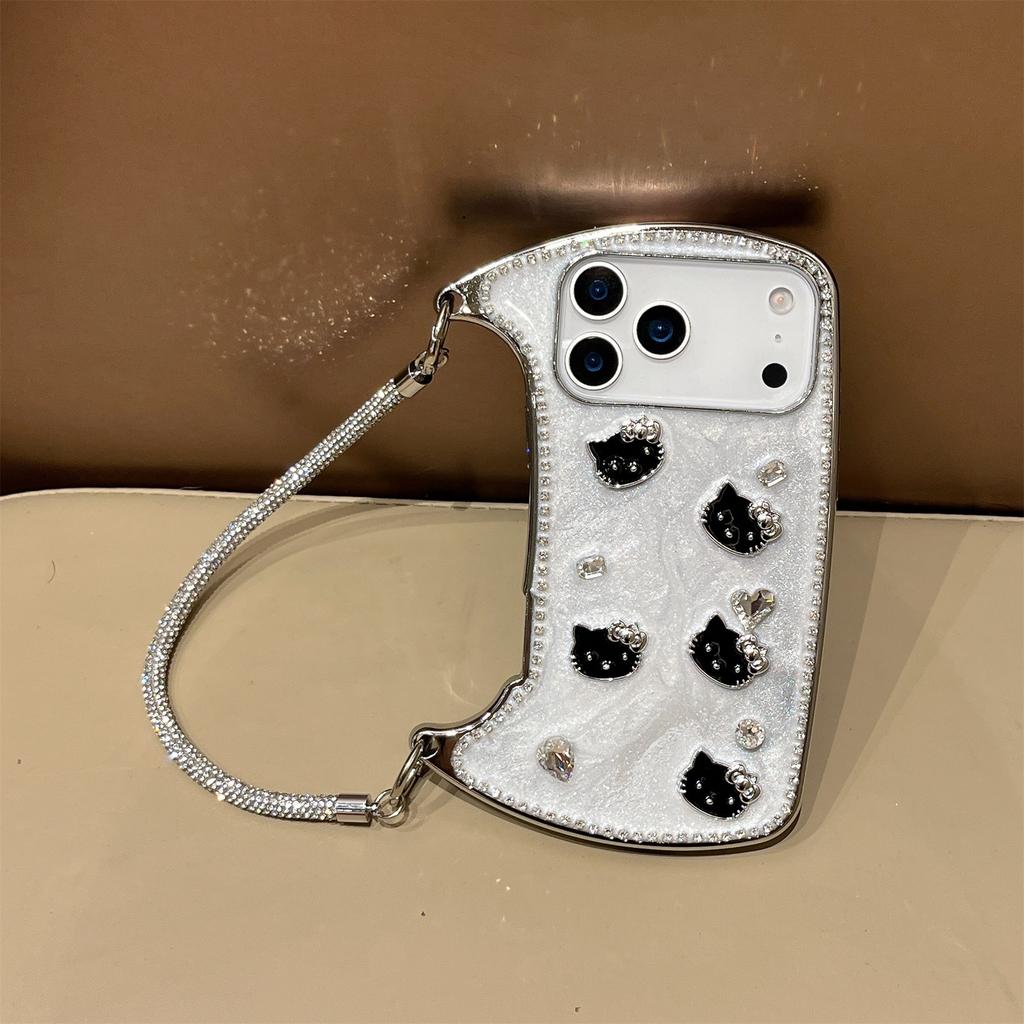 Husă de umăr cu cristal și pisoi 3D pentru seria iPhone 12-17 — Curea reglabilă sclipitoare, Design de lux