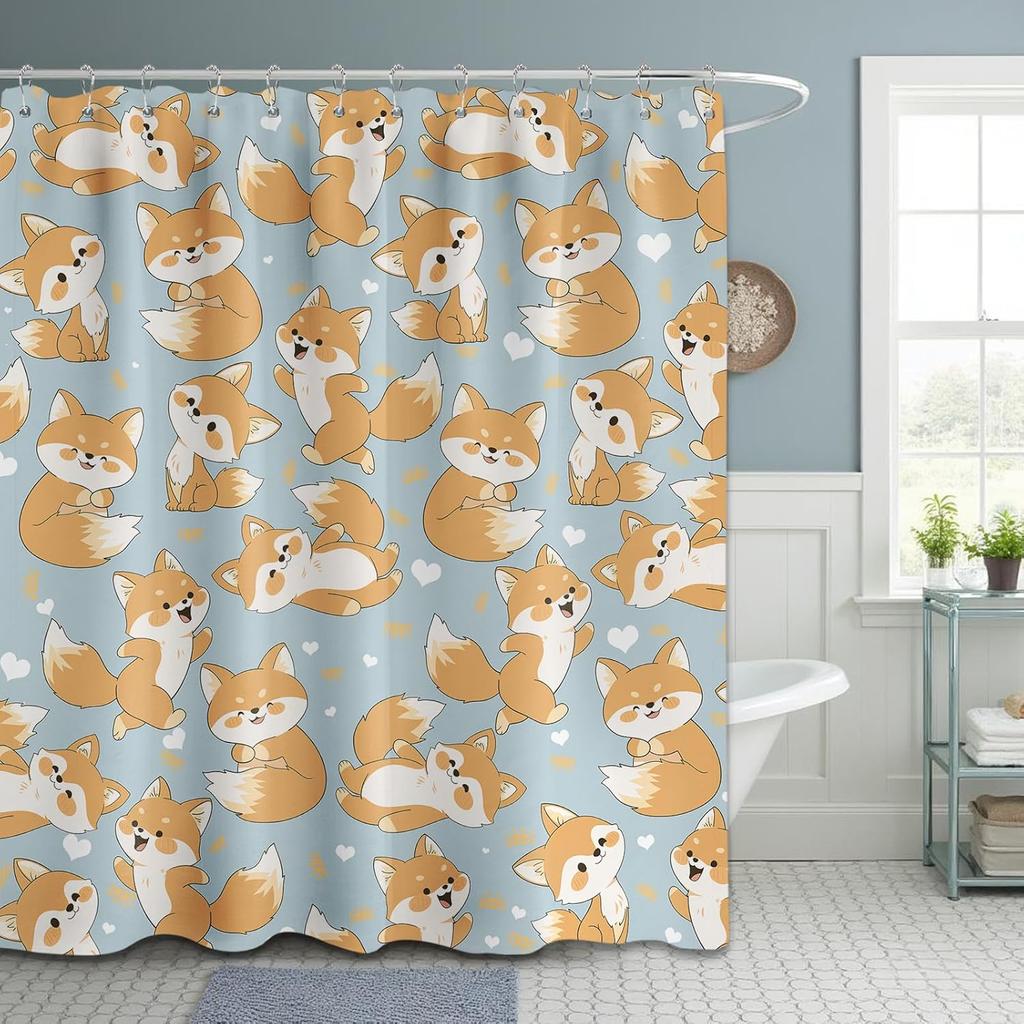 Cute Fox Shower Curtain Kids Toddler Cartoon Animal Shower Curtains for Bathroom Decor, Waterproof Cloth Fabric with Hooks 70" W