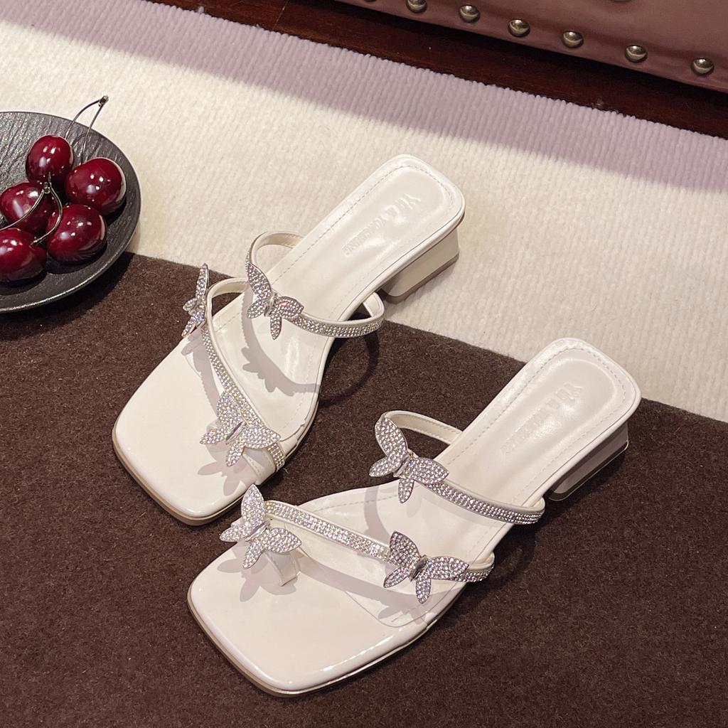 Französische Strass-Schmetterlings-Zehenbedeckungs-Sandalen Damen-Oberbekleidung 2025 neue Kristall-Blockabsatz-Sandalen Damen-Sommerrock