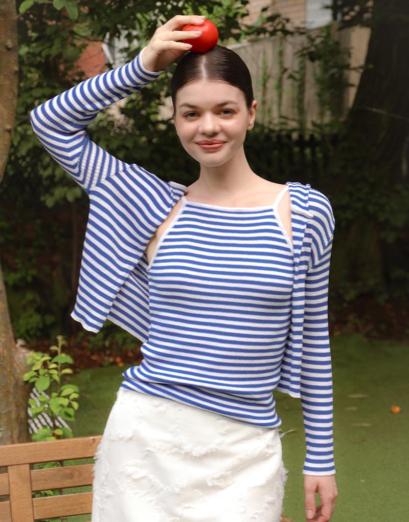 Amaps Reversible Sleeveless Ribbed Striped Hooded Cardigan - White Blue Single Item Purchase