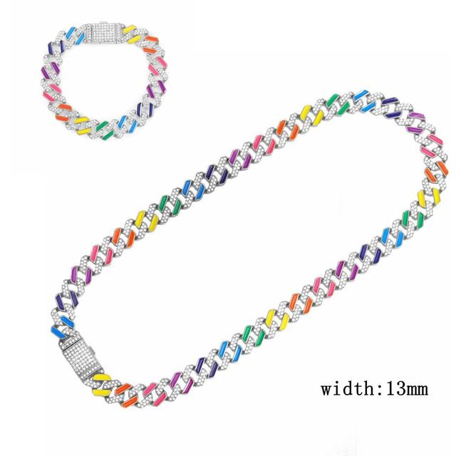 

Iced Out Hip Hop Cuban Link Chain Ожерелье Женское Мужское Кристалл Неон Цветная Эмаль Чокер Ожерелье Радужный Браслет Ювелирные Изделия Подарки 8inch and 24inch