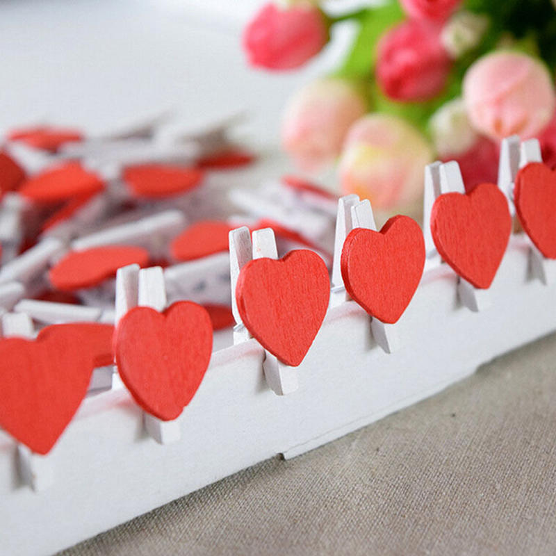 20Pcs Mini Cute Heart Wooden Pegs Photo Clips Room Wedding Craft Decor