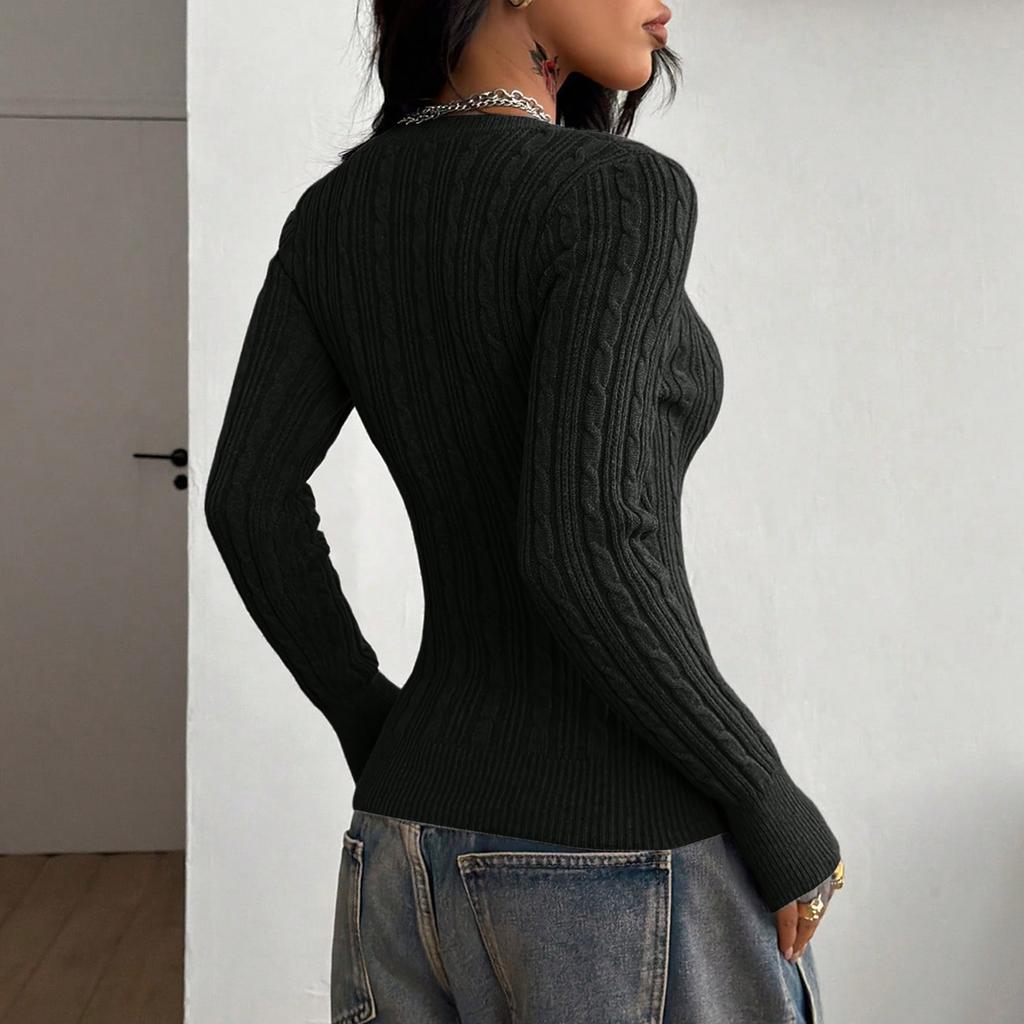 Women's Cable Knit V-Neck Sweater Slim Fit Cropped Long Sleeve for Spring and Fall