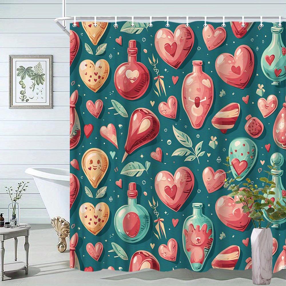 

1pc Valentine S Day Shower Curtain Love Heart And Bottle Creative Pattern Bathroom Decoration Polyester Fabric Contains 12 Hooks W90xH180cm