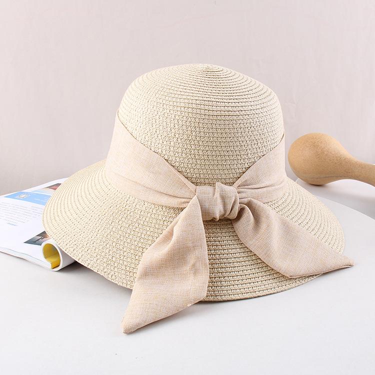 Small fresh sunshade basin hat simple strap bow straw hat women's summer travel big eaves cool hat beach hat