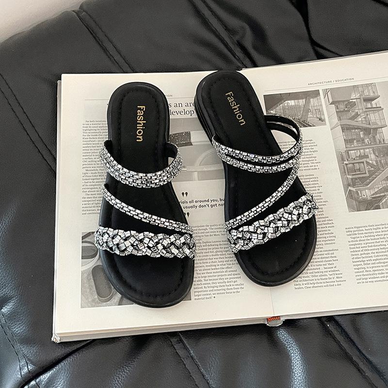 Versatile rhinestone set toe sandals fairy style beautiful slippers summer fashion Internet celebrity two wear thick heel women cool slippers