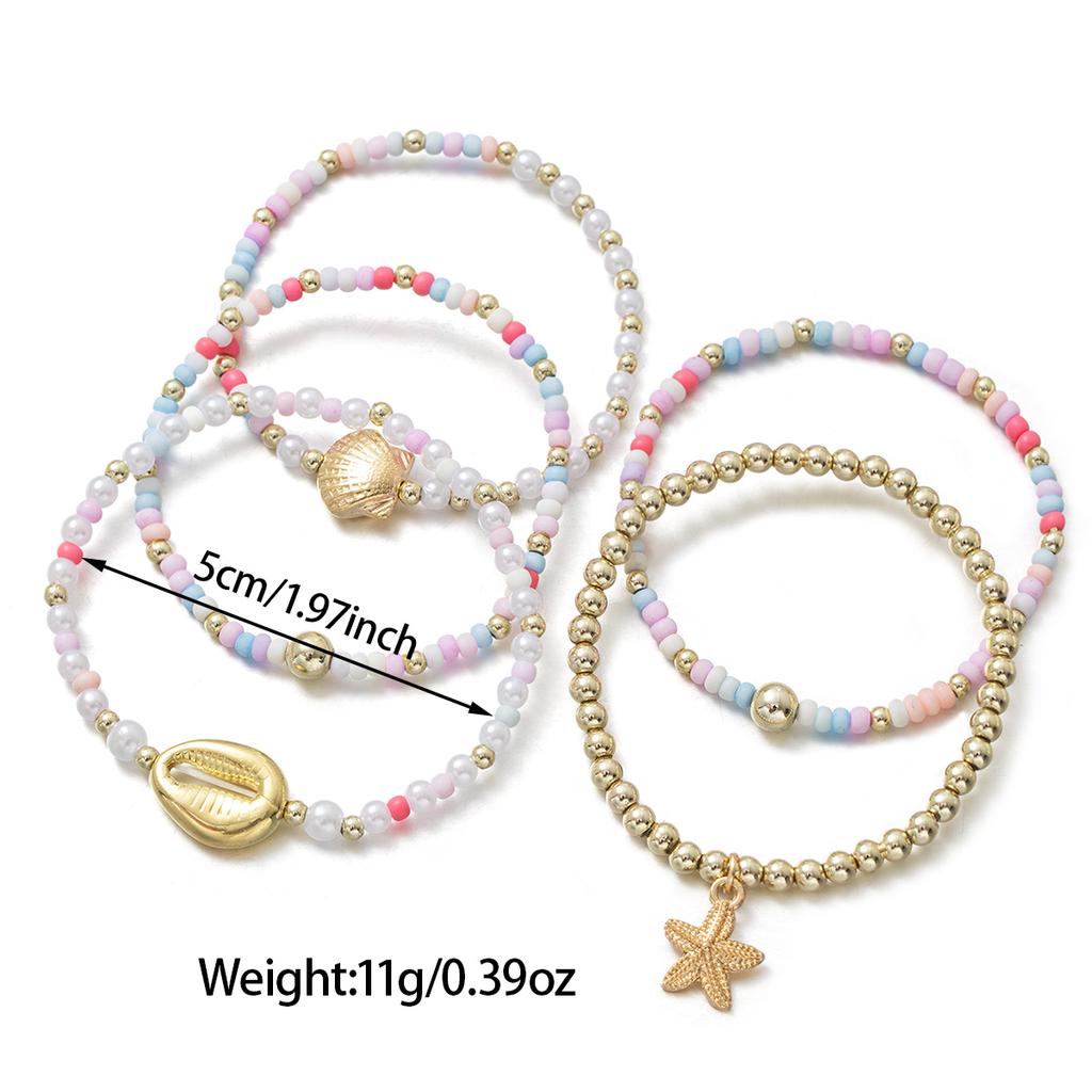 Sommer Meeresstil Stapelbares Armband Set, Gold Perlen Muschel Seestern Anhänger, Macaron Perlen Stretch Armband