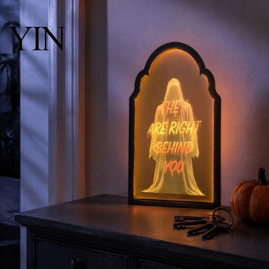 Mirror Light Up Ghost Mirror, Arched Wooden Frame Ghost/Grim Reaper Halloween Battery Operated Wall Art Soft Ambient Lighted Decorative for