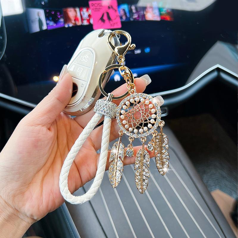 Новий підвіска-брелок для ключів автомобіля у формі ловець снів з інкрустацією стразами, креативний плетіний шнур з пір'ям, підвіска для сумки, маленький подарунок