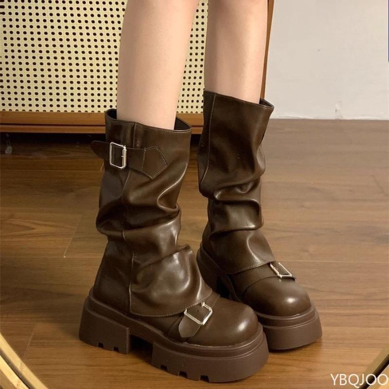Retro minimalist Pleated Buckle shoesWomen Autumn Fashionable versatile shoes Woman comfort non-slip thick heel short boots