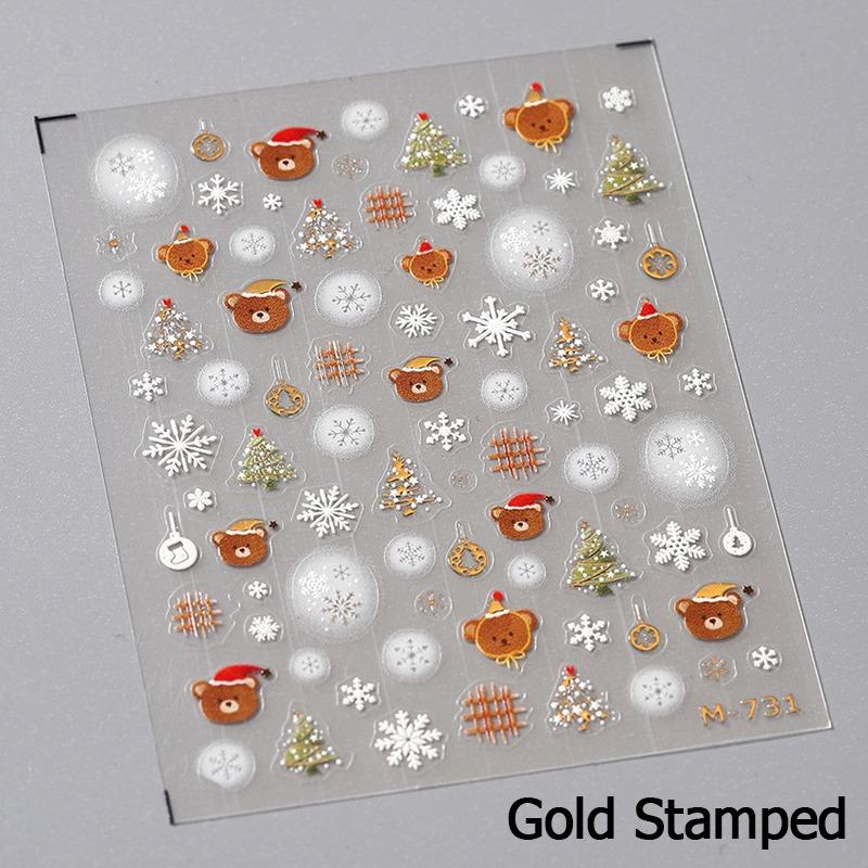 Gold Stamped Snowflake Stars White Christmas Tree Red Bowknot Cute 3D Nail Art Stickers Xmas Lovely Manicure Decals
