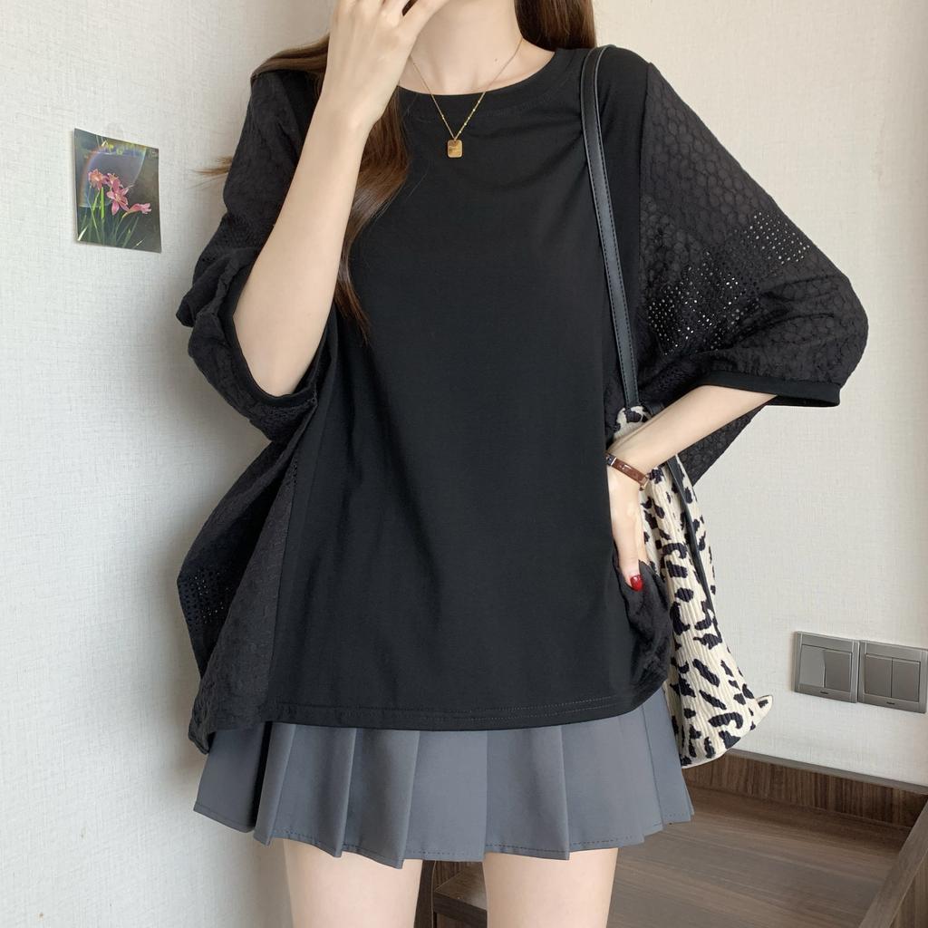 Dimanaf 2025 New Summer Women T-Shirt Short Sleeve Lace Basic Fashion O-Neck Tops Tees Casual Tees