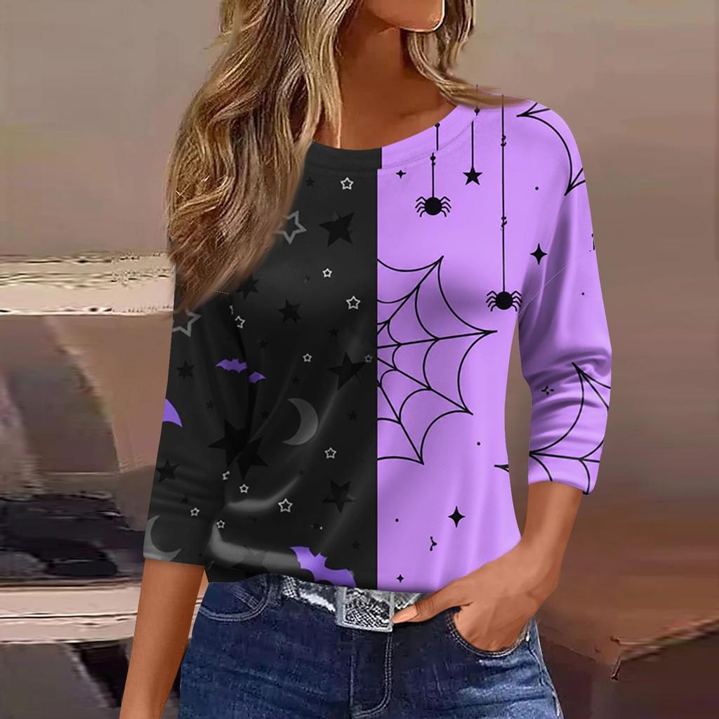 Women's Casual 3/4 Sleeve Halloween Print Round Neck Blouse for Party and Daily Wear