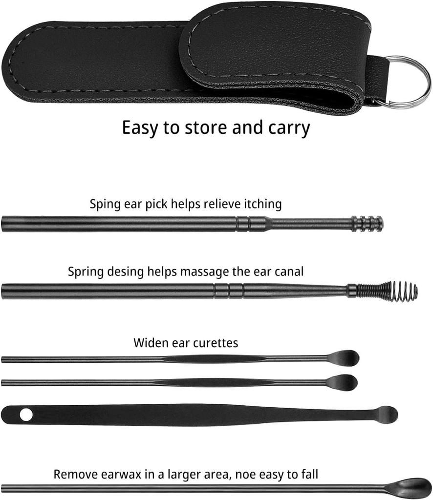 ZEPOLI - 6-Piece Set Ear Cleaning Artifact Earpick Ear Cleaning Set Spring Spiral Ear Cleaning Tool Portable. (BLACK)