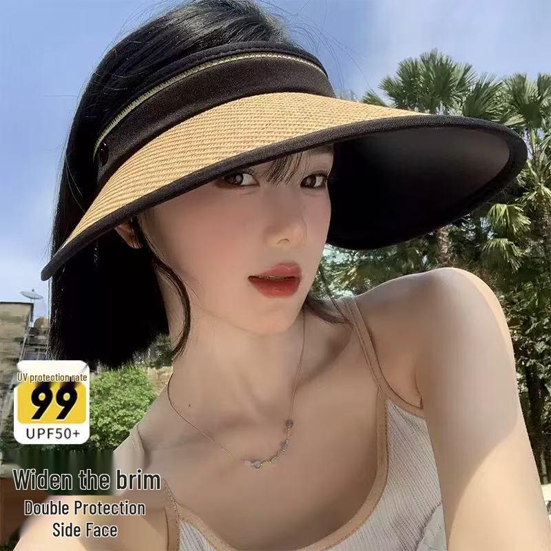 Women's UV Protection Straw Sun Hat - Foldable Wide Brim with Face Shield for Summer Cycling