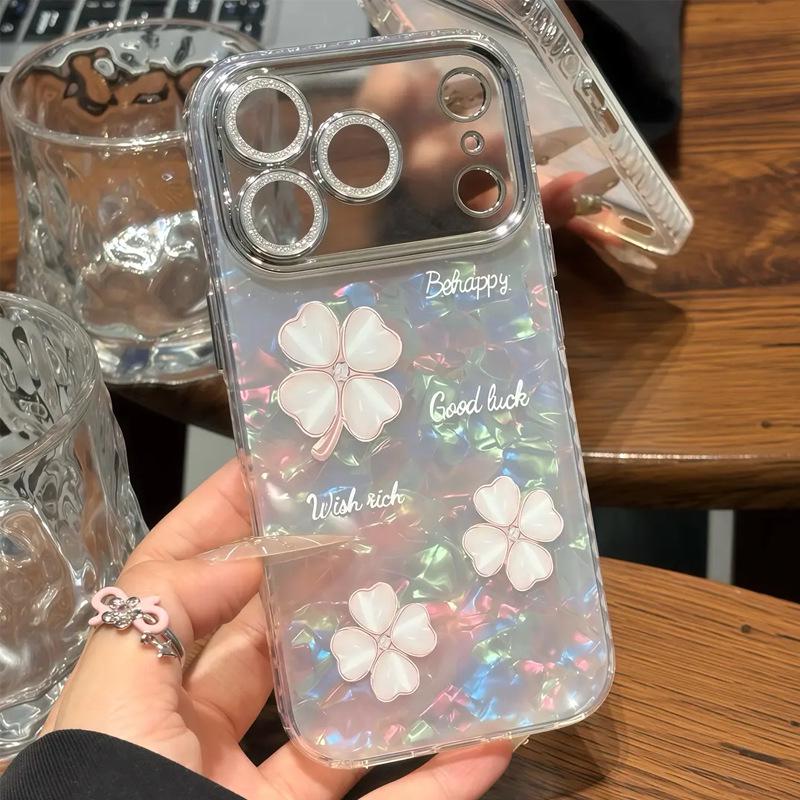 

White Four-Leaf Clover Textured Phone Case for iPhone 13/15/16 Pro Max/17, Douyin Style iPhone 11