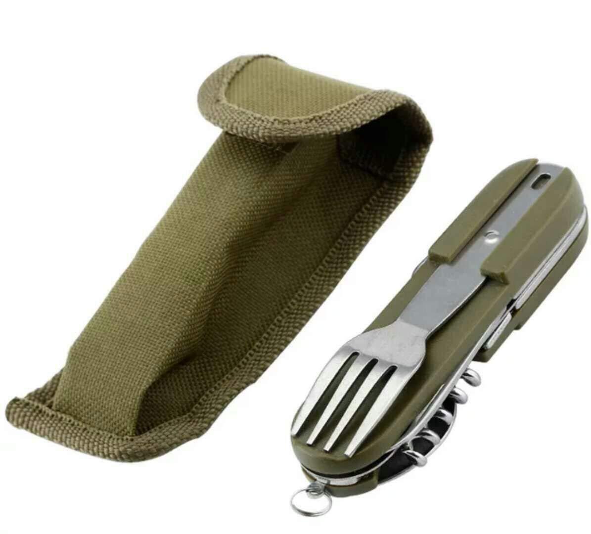 

7in1 Multi Function Outdoor Diner Stainless Steel Folding Fork Knife Picnic Camp Hiking Travel Tableware армия зеленый