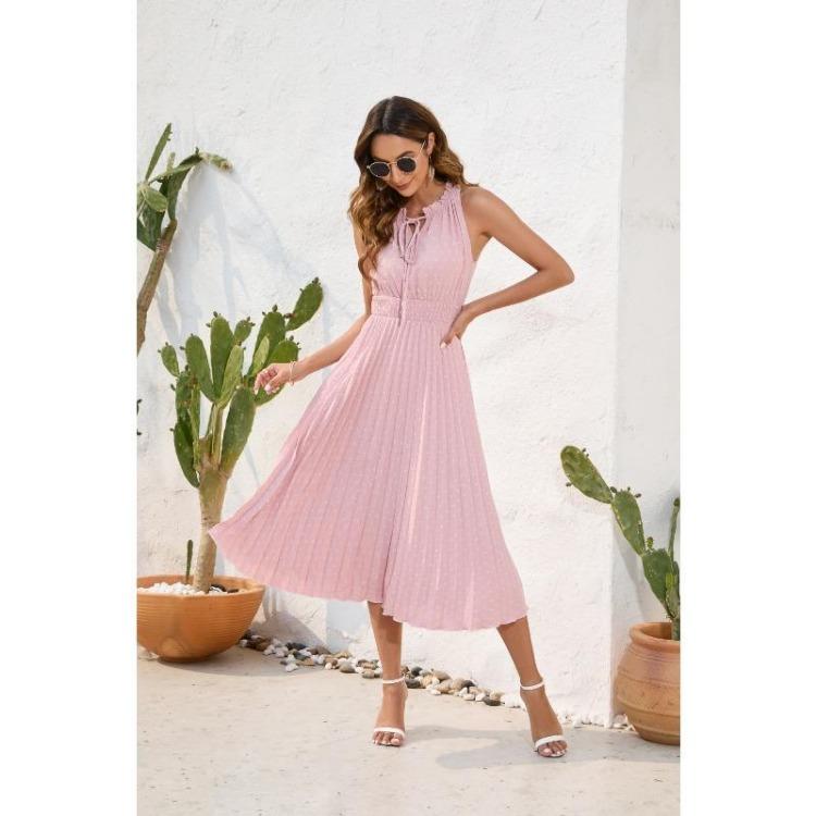 Summer Casual Holiday Dress Women Lace Up High Waisted Pleated Ball Sleeveless
