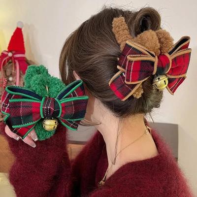 Women's Multi Color Christmas Bow Bell Plush Grasp Clip Autumn Winter Girl Grid Hairpin Shark Clip Headpiece Butterfly Hair Clip