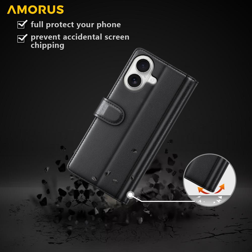 For iPhone 17 Stand Cases Calf Texture Genuine Split Leather Wallet Phone Cover