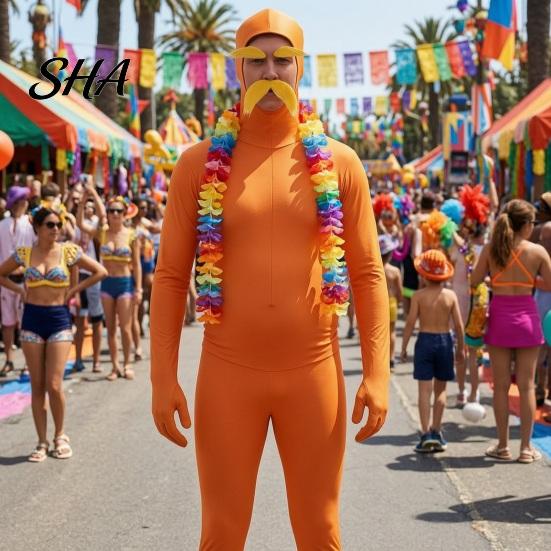 Ținută Cosplay Halloween Portocaliu Body Complet pentru Copii Adulți, cu Burta, Mustață și Sprâncene Galbene, Costum Zentai cu Față Deschisă Bărbați Femei,