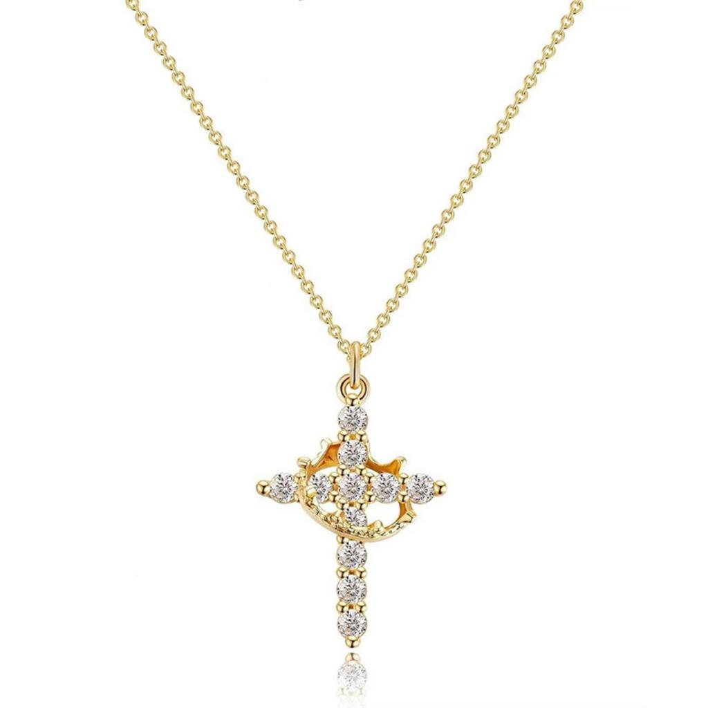 Rotatable Crown Zircon Cross Pendant Necklace Light Luxury Shiny Cross Stainless Steel Chain Choker For Women Men Prayer Jewelry