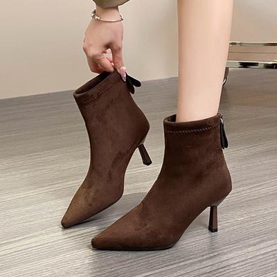 Botines ajustados de ante francés con punta afilada y tacón de aguja elástico para mujer, para otoño e invierno, para uso exterior, combinan con todo, tacones altos