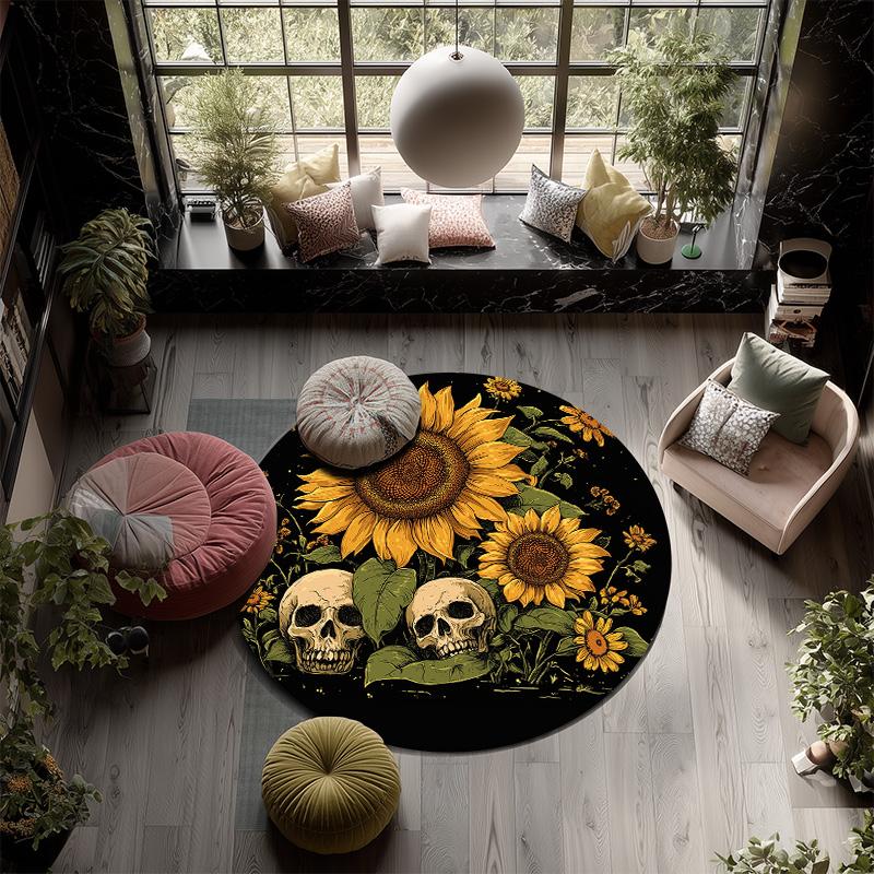 Sunflower and Skull,Round Area Rug,Carpet Rug for Living Room Bedroom Sofa Playroom Decor,Non-slip Floor Mat