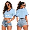 Women's V Neck Crop Top T Shirt Short Sleeve Soccer World Cup Printed Tee Argentina Netherlands Germany Venezuela Jamaica Canada