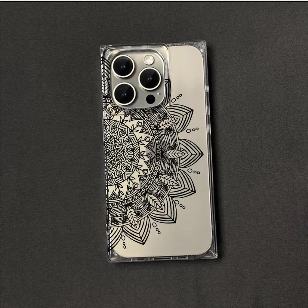 Clear Square Back Tube Case Protection For iPhone 15 Plus 14 Pro Max 12 16 ProMax 13 11 Anti-Oxygen,Black Mandala Pattern Casing