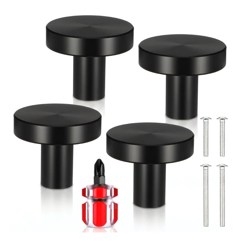 Black Round Drawer Knobs, Four Furniture Pull Handles with Screws and Screwdriver for Cupboard Updates, Wardrobes and Drawer Fronts