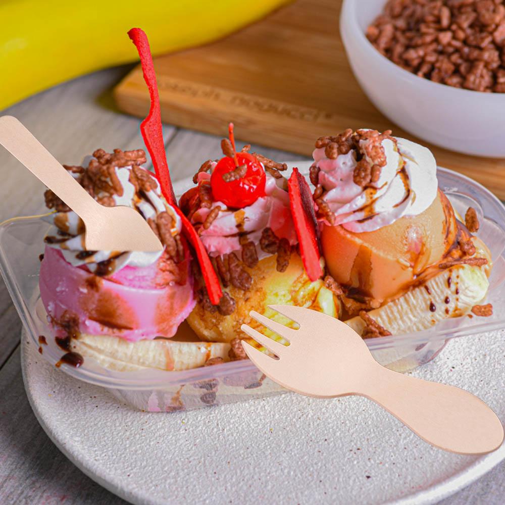 100 Stück Holz-Eisportionierer Einweg Mini-Holzgabel Besteck Joghurtlöffel Eisparty