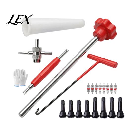 Kit di attrezzi per valvole pneumatici 23 pezzi Set di steli, Installatore a cambio rapido con steli a 4 vie TR413/TR414, Rimozione del nucleo a 4 vie per auto, motociclette, Testa doppia
