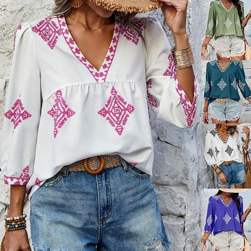 Women's Shirt Summer Fashion Printed Seven Sleeve V-Neck Top