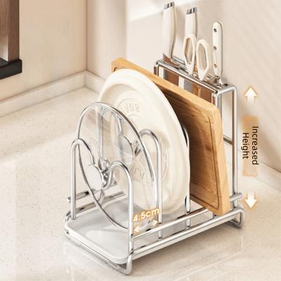 Mehrschichtiger Topfdeckelhalter Edelstahl Platzsparendes Schneidebrett-Organizer mit Abtropfschale Stabile Topfdeckelhalterung Schrank