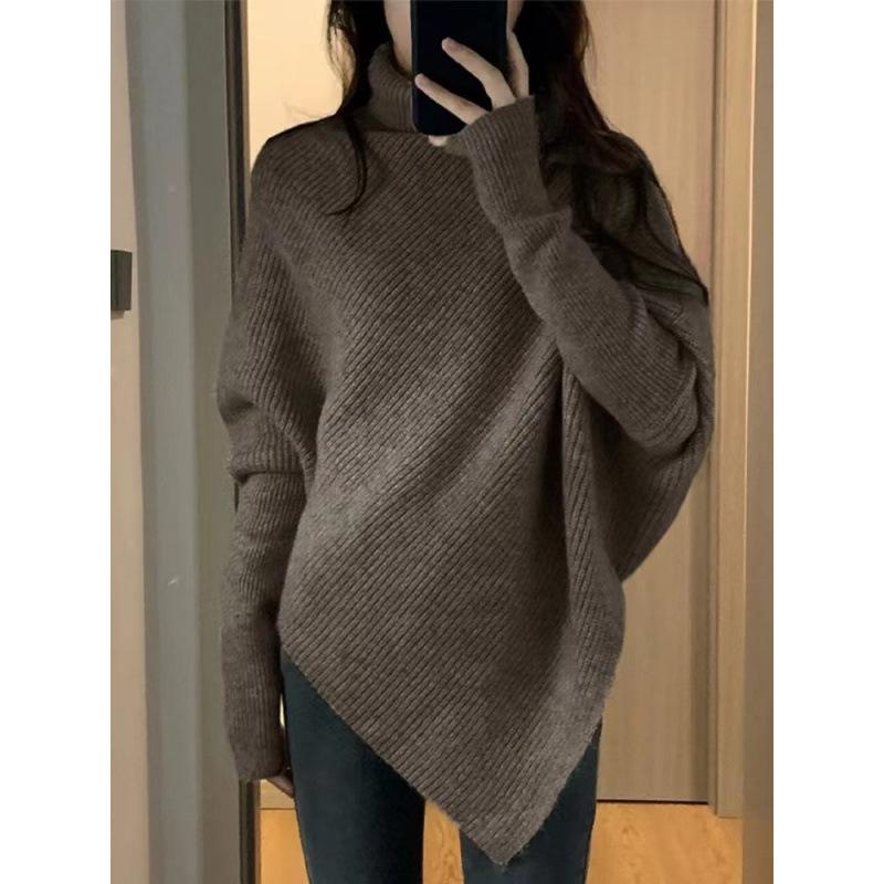 Women's Pure Wool Thickened Turtleneck Sweater, Irregular Loose Knit, Cozy Autumn/Winter Style