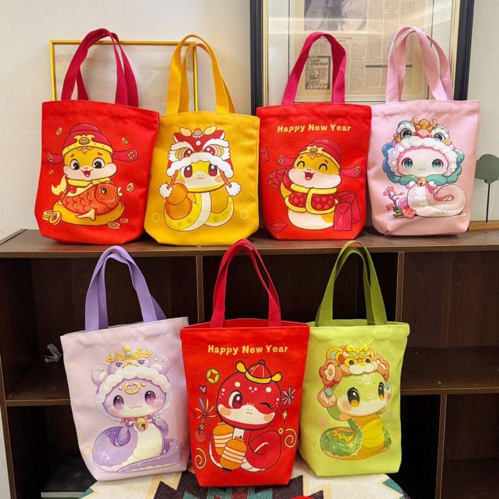 2025 Happy New Year Handbag Year of The Snake Red Tote Bag Snake Year Canvas Bag  Shopping Bag