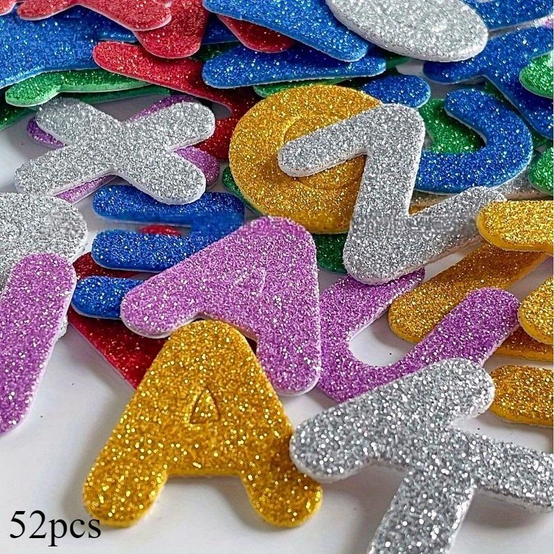 52pcs Glossy Alphabet Stickers, Self-Adhesive Foam Letters, Glitter Star And Heart Design, Plastic, Irregular Shape, Disposable