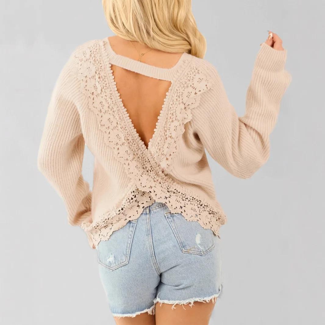 

Lace Spliced Long-sleeved Sweater Top Autumn and Winter Women s Elegant Sexy Backless S абрикосовый