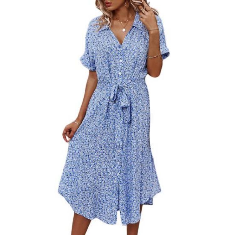 Women Summer Casual Floral Midi Dress Short Sleeve V Neck Button Down Belted Shirt Dress with Side Slit Hem