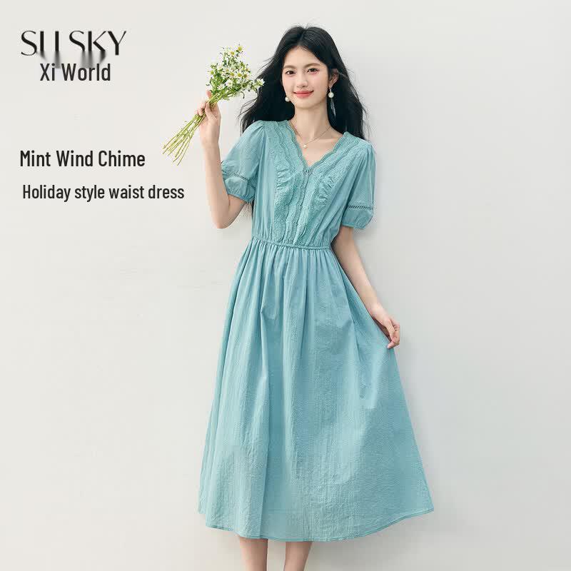 Women s French Style Puff-Sleeve Waist-Cinching Midi Dress L