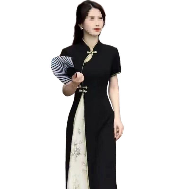 Elegant Summer Qipao Dress with Frog Buttons and Stand Collar - Slim Fit Patchwork Long Skirt