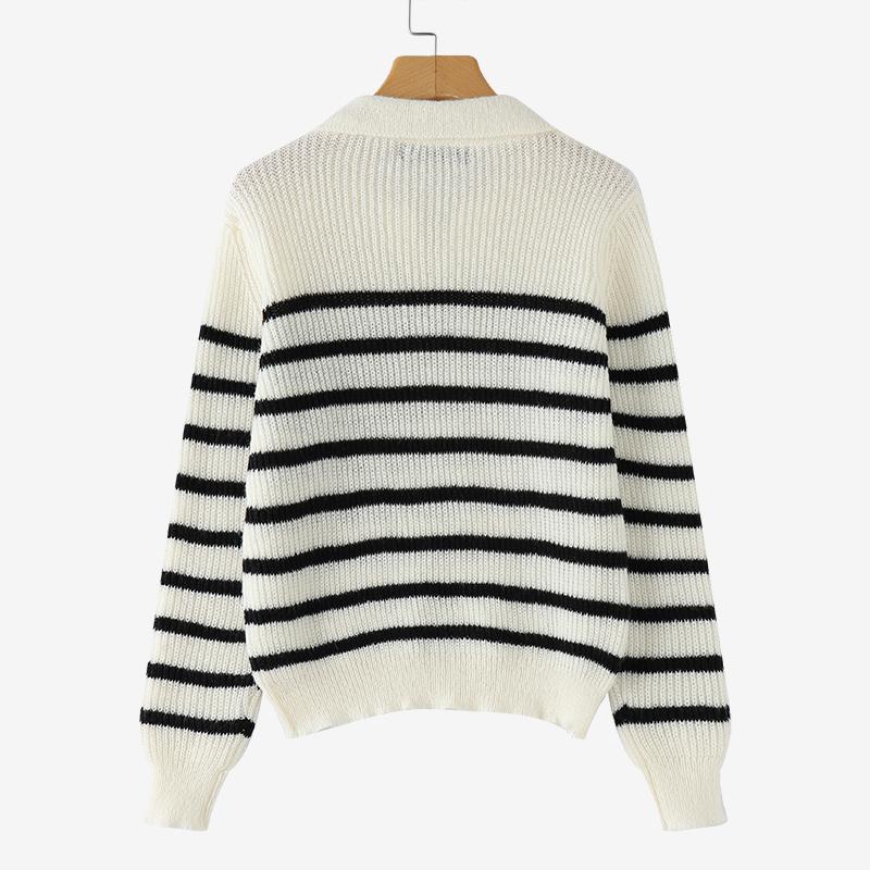 VONDA Winter Women Sweaters Lapel Striped Long Sleeve Pullovers Jumpers