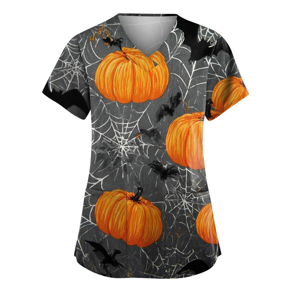 Women's Fashion V-Neck Short Sleeve Overalls With Pockets Halloween Printed Tops  Apparel