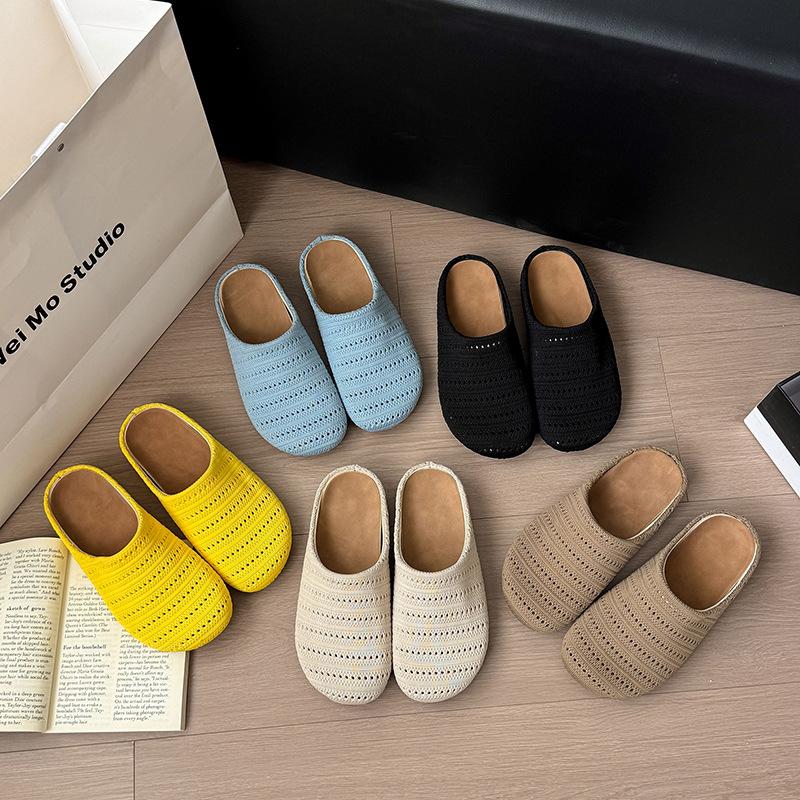Retro Niche Woven Bag Head Half Slippers Women's Outer Wear Summer Lazy One Pedal Comfortable Soft Bottom Round Head Cool Slippers
