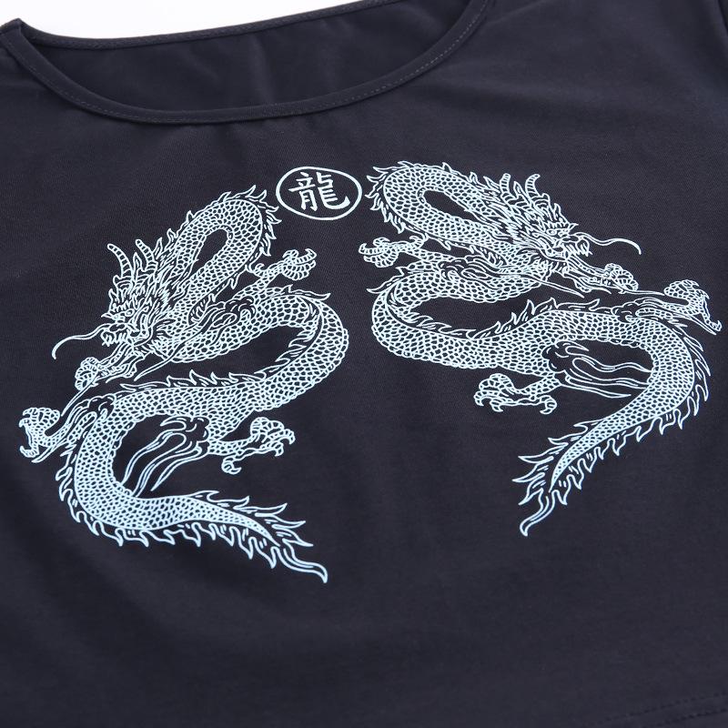 Women’s Short Sleeve Dragon Print T-shirt Summer Fashion Crop Top