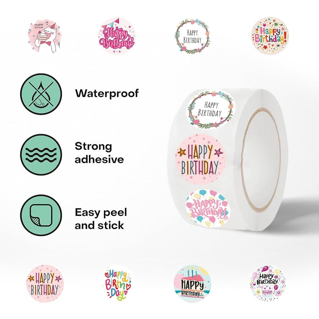 500Pcs/Roll Happy Birthday Series 01 Rolling Rewards Stickers - DIY Scrapbooks Album Decor Sealing Label Decals