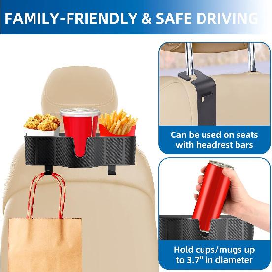 3-In-1 Car Headrest Backseat Organizer With 3.7" Backseat Cup Holder For Car, Seat Back Organizer With Hooks